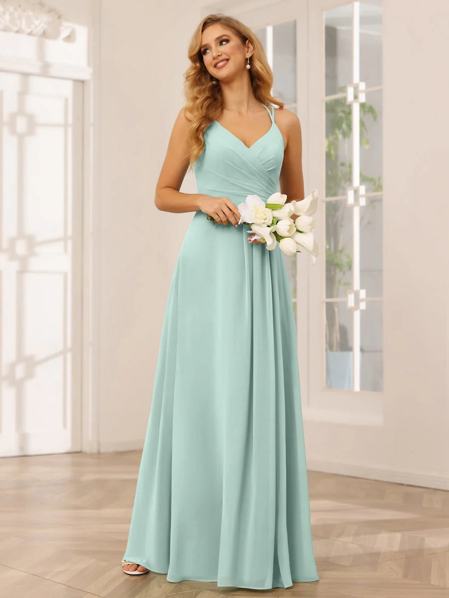 A-Line/Princess V-Neck Sleeveless Floor-Length Bridesmaid Dresses with Ruffles - Image 61