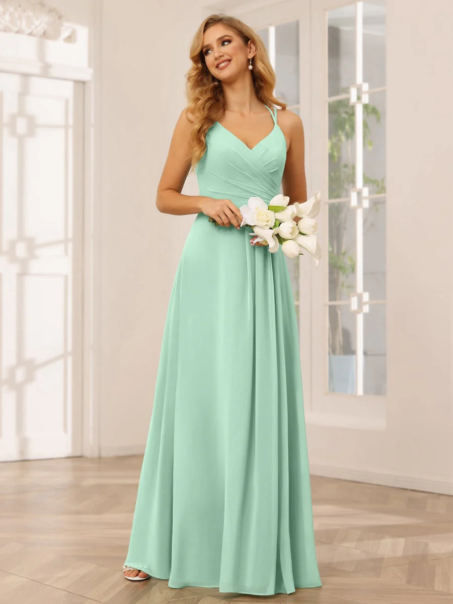 A-Line/Princess V-Neck Sleeveless Floor-Length Bridesmaid Dresses with Ruffles - Image 62