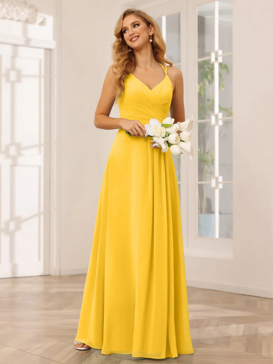 A-Line/Princess V-Neck Sleeveless Floor-Length Bridesmaid Dresses with Ruffles - Image 72
