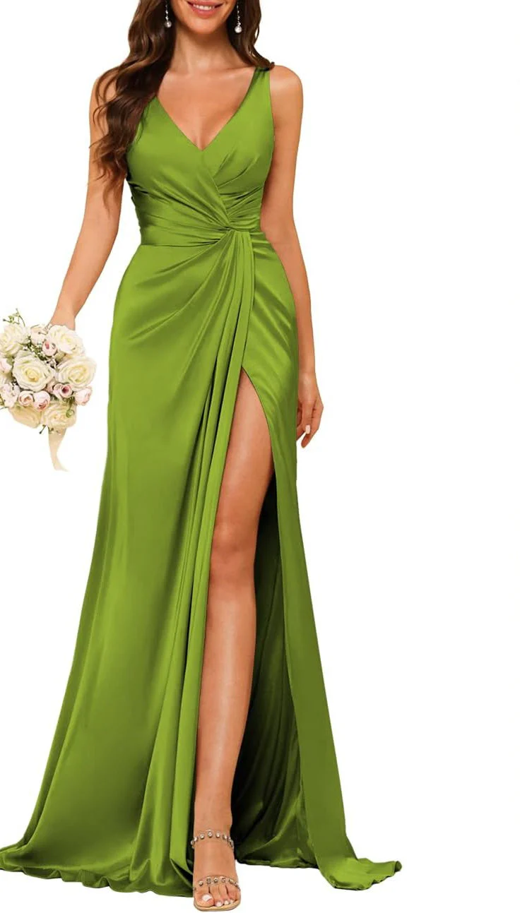 A Line/Princess V Neck Sleeveless Floor-Length Bridesmaid Dresses with Split - Image 13