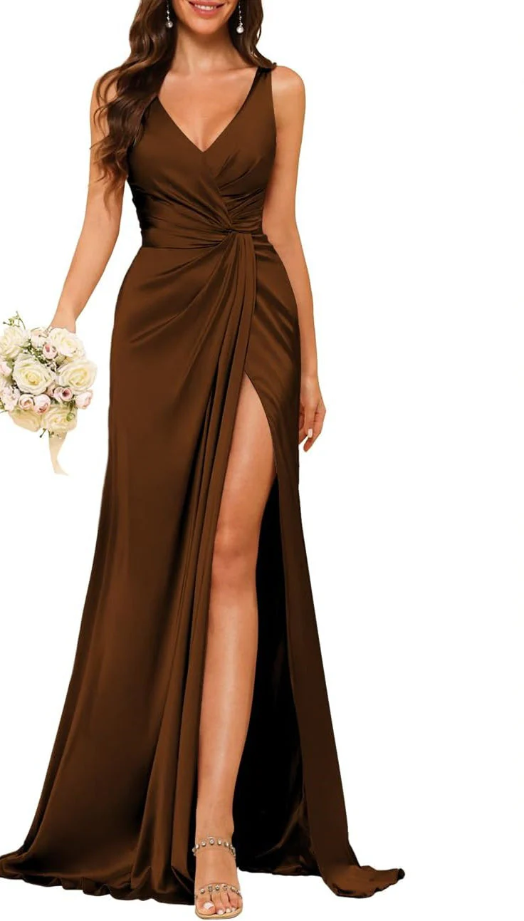 A Line/Princess V Neck Sleeveless Floor-Length Bridesmaid Dresses with Split - Image 29