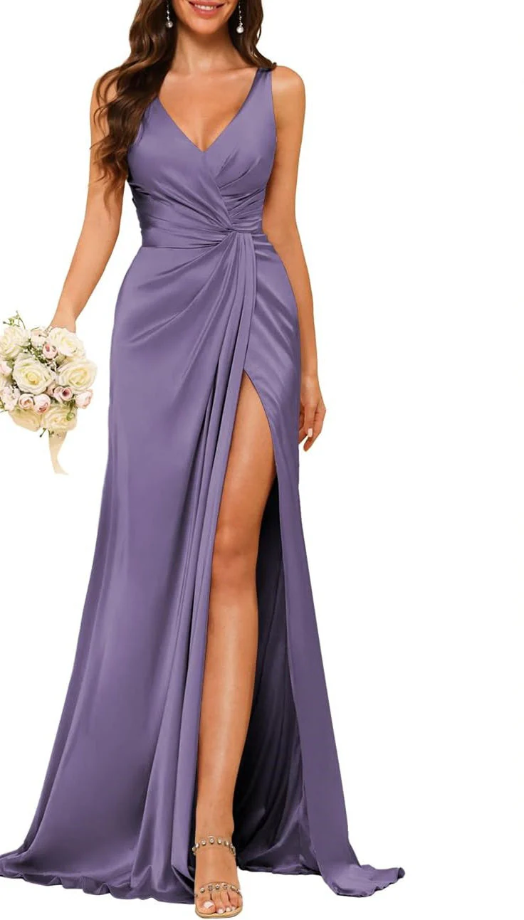 A Line/Princess V Neck Sleeveless Floor-Length Bridesmaid Dresses with Split - Image 4