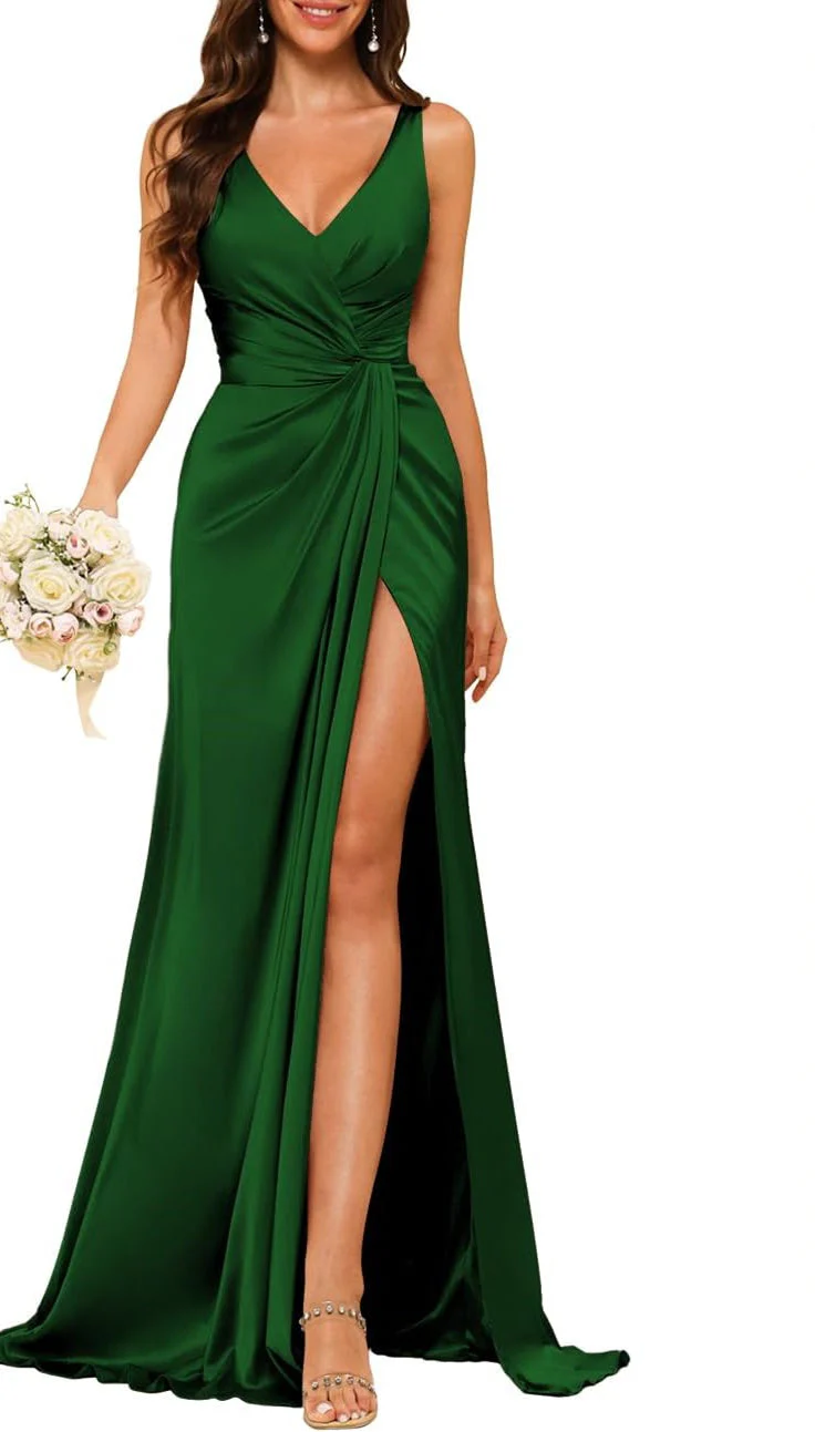 A Line/Princess V Neck Sleeveless Floor-Length Bridesmaid Dresses with Split - Image 5