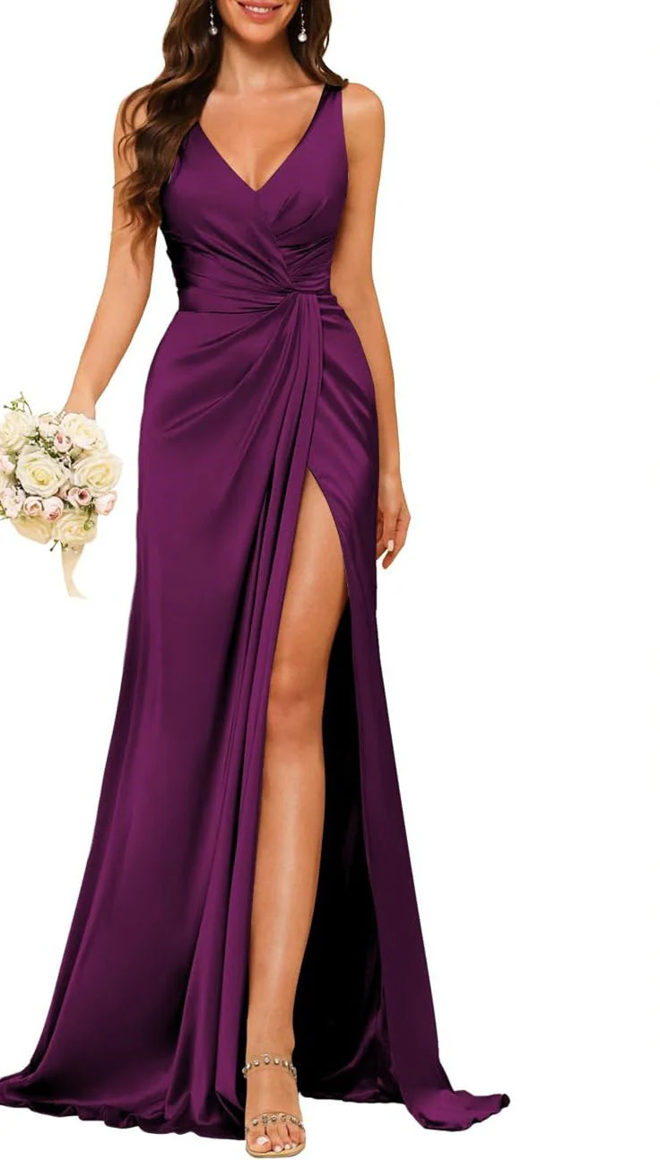 A Line/Princess V Neck Sleeveless Floor-Length Bridesmaid Dresses with Split - Image 7