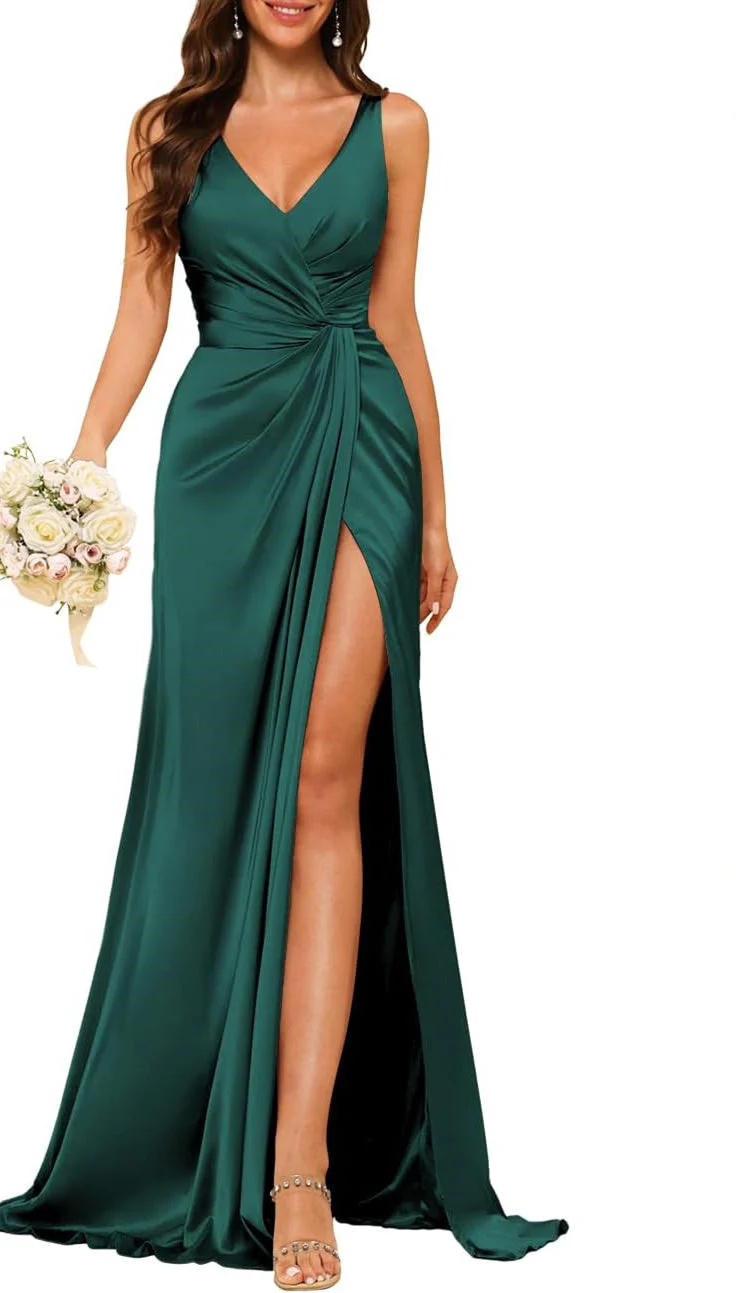 A Line/Princess V Neck Sleeveless Floor-Length Bridesmaid Dresses with Split - Image 8