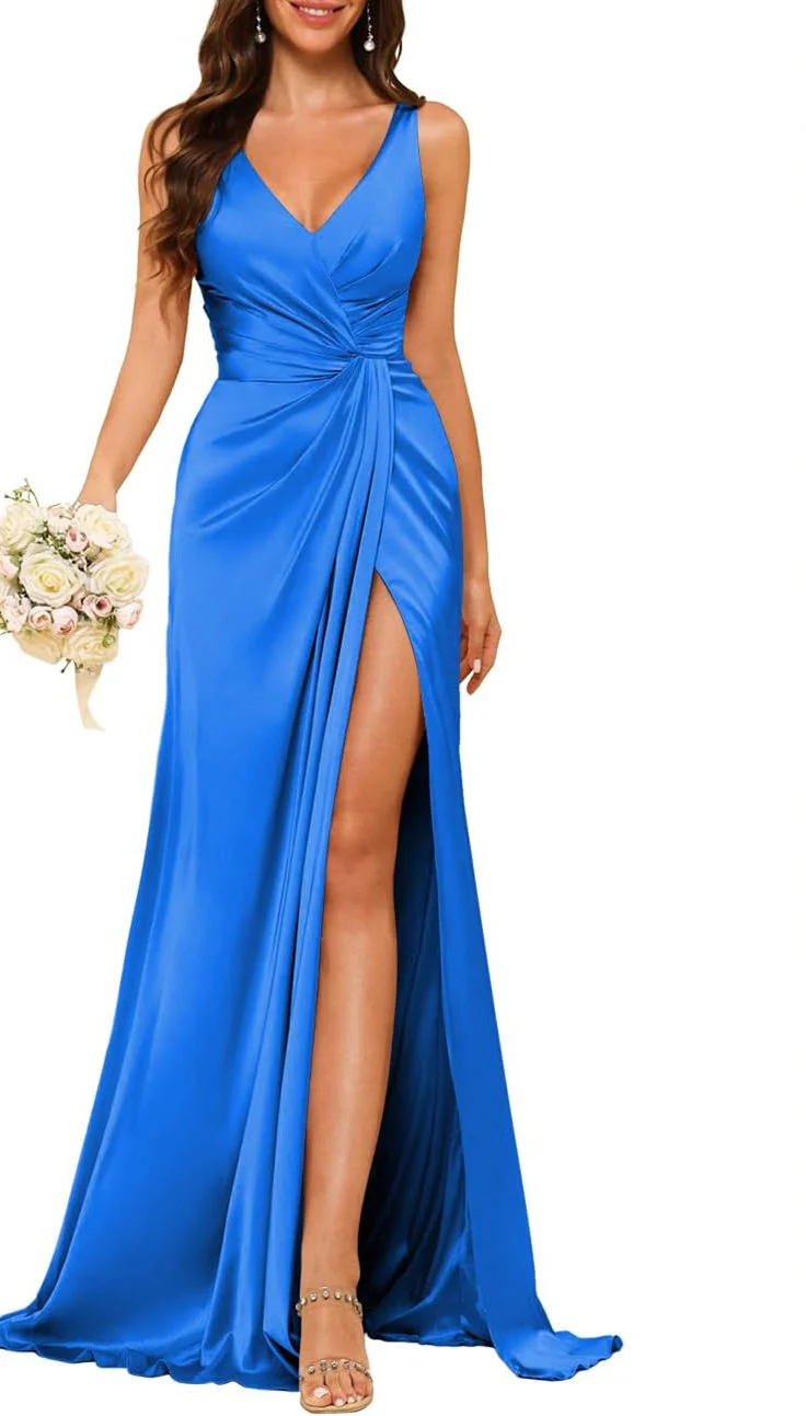 A Line/Princess V Neck Sleeveless Floor-Length Bridesmaid Dresses with Split - Image 9