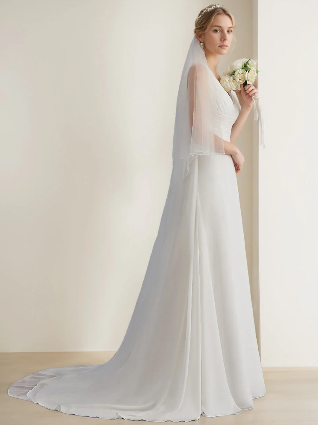 A-Line/Princess V-Neck Sleeveless Floor-Length Long Tulle Wedding Dress with Ruffles - Image 3