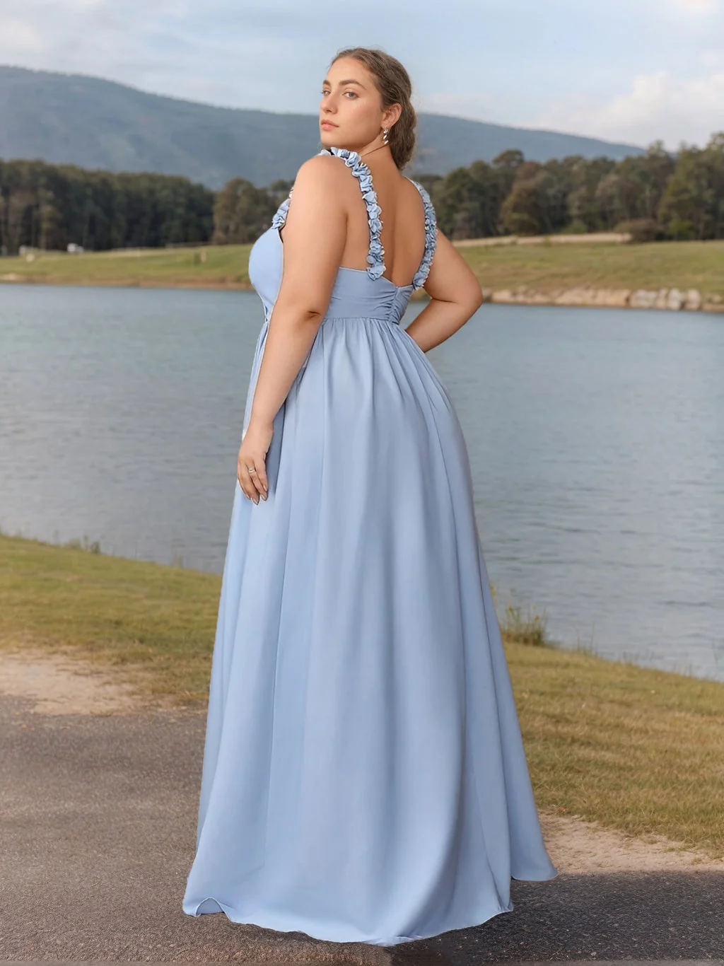 A-Line/Princess V-Neck Sleeveless Floor-Length Plus Size Bridesmaid Dresses with Ruffles & 3D Flower - Image 2