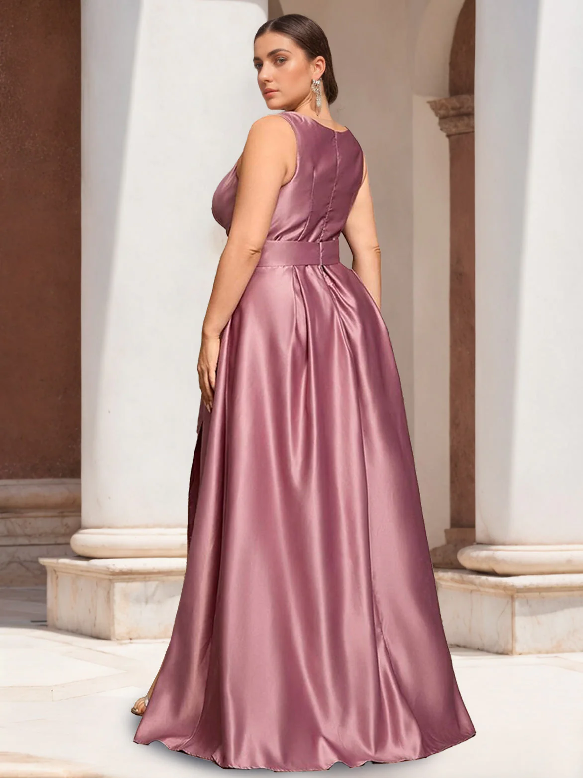 A-Line/Princess V-Neck Sleeveless Floor-Length Plus Size Prom Dresses With Ruffles & Split Side - Image 2