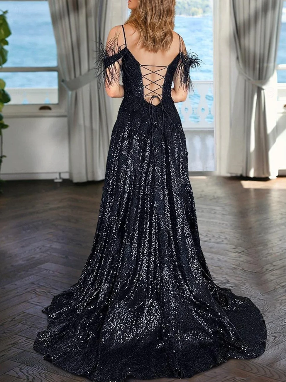 A-Line/Princess V-Neck Sleeveless Floor-length Sequined Evening Dresses with Pearls - Image 2
