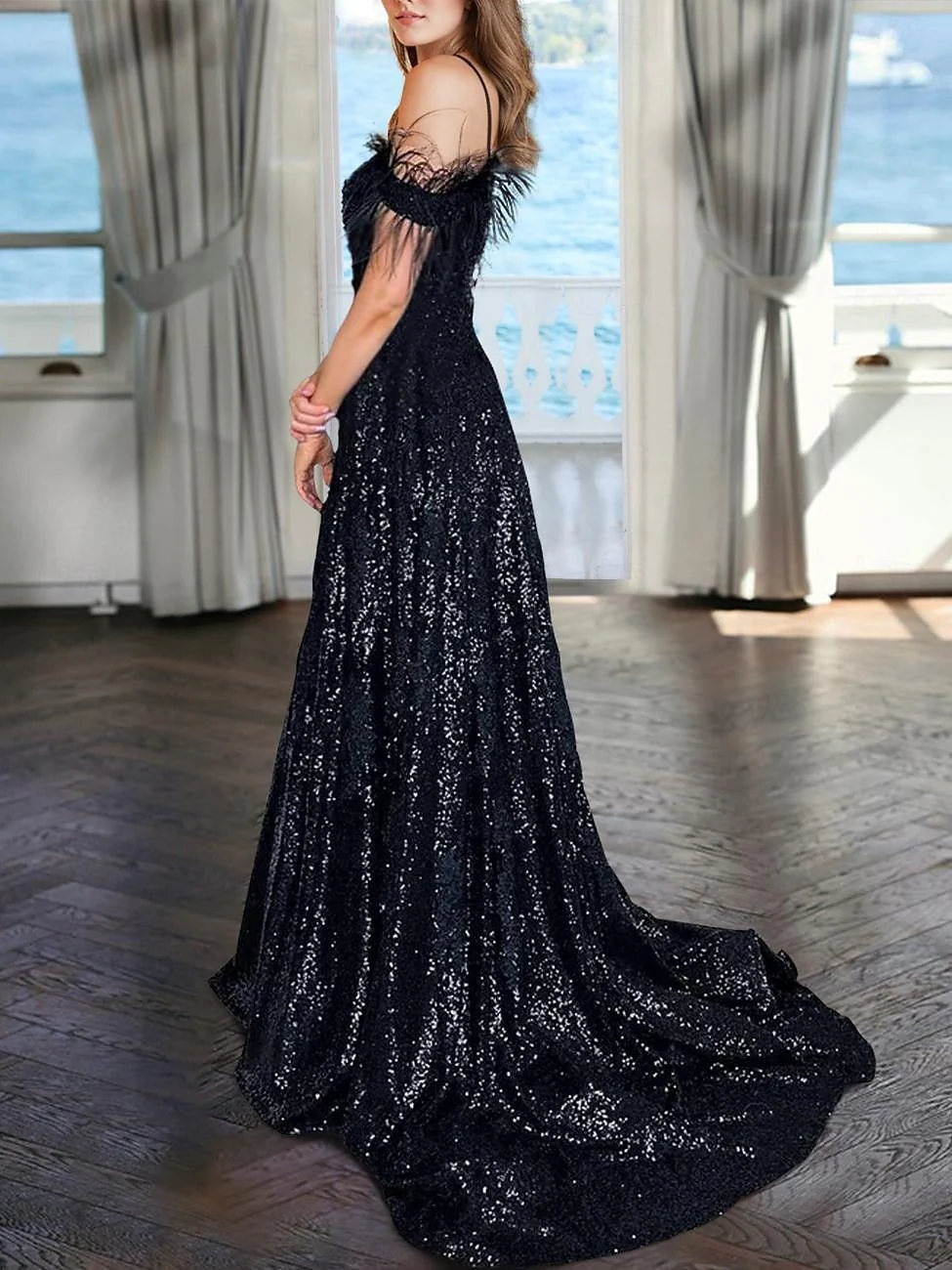 A-Line/Princess V-Neck Sleeveless Floor-length Sequined Evening Dresses with Pearls - Image 3