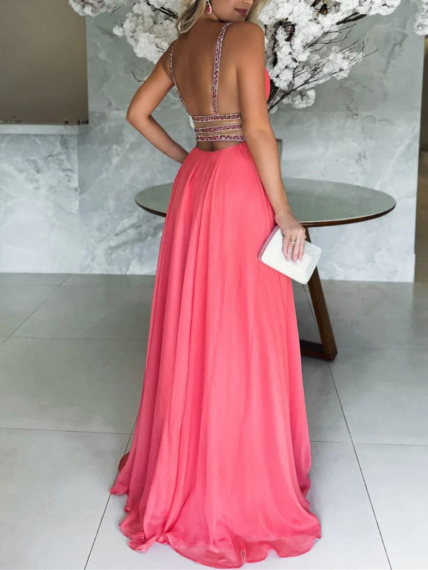 A-Line/Princess V-Neck Sleeveless Floor-Length Split Side Evening Dresses - Image 2