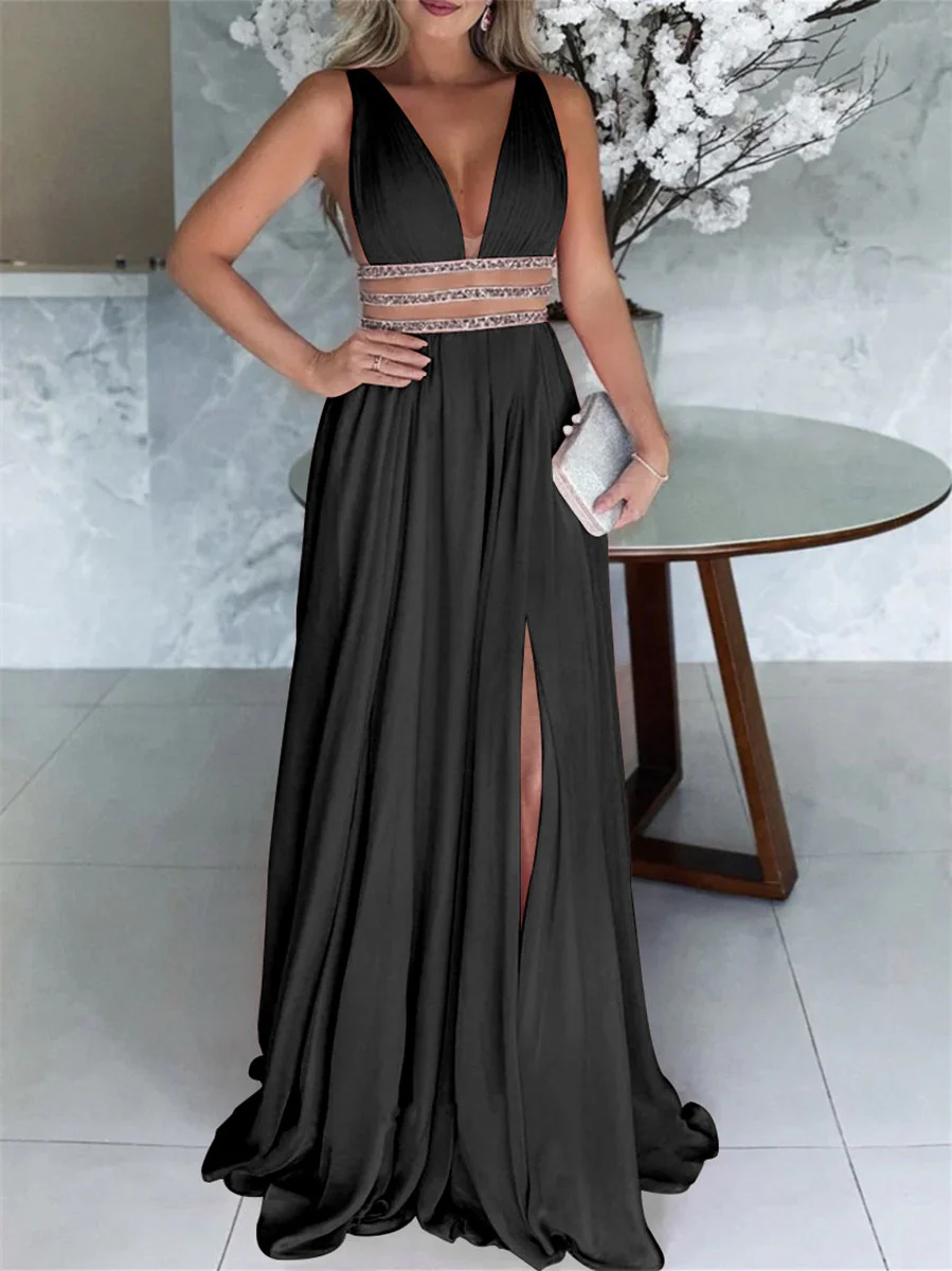 A-Line/Princess V-Neck Sleeveless Floor-Length Split Side Evening Dresses - Image 5