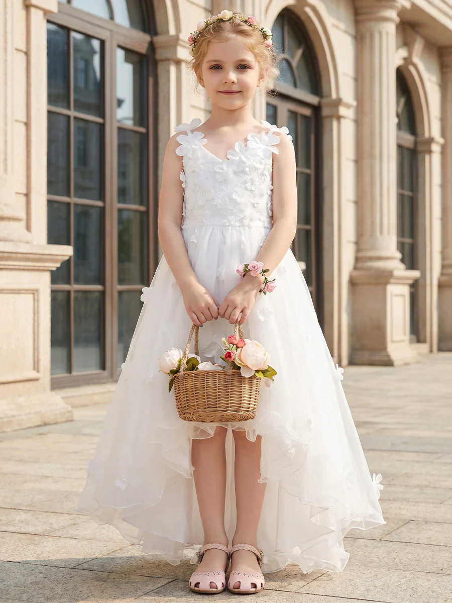 A-Line/Princess V-Neck Sleeveless High-Low Flower Girl Dresses Tulle with 3D Flowers&Bowknot - Image 2
