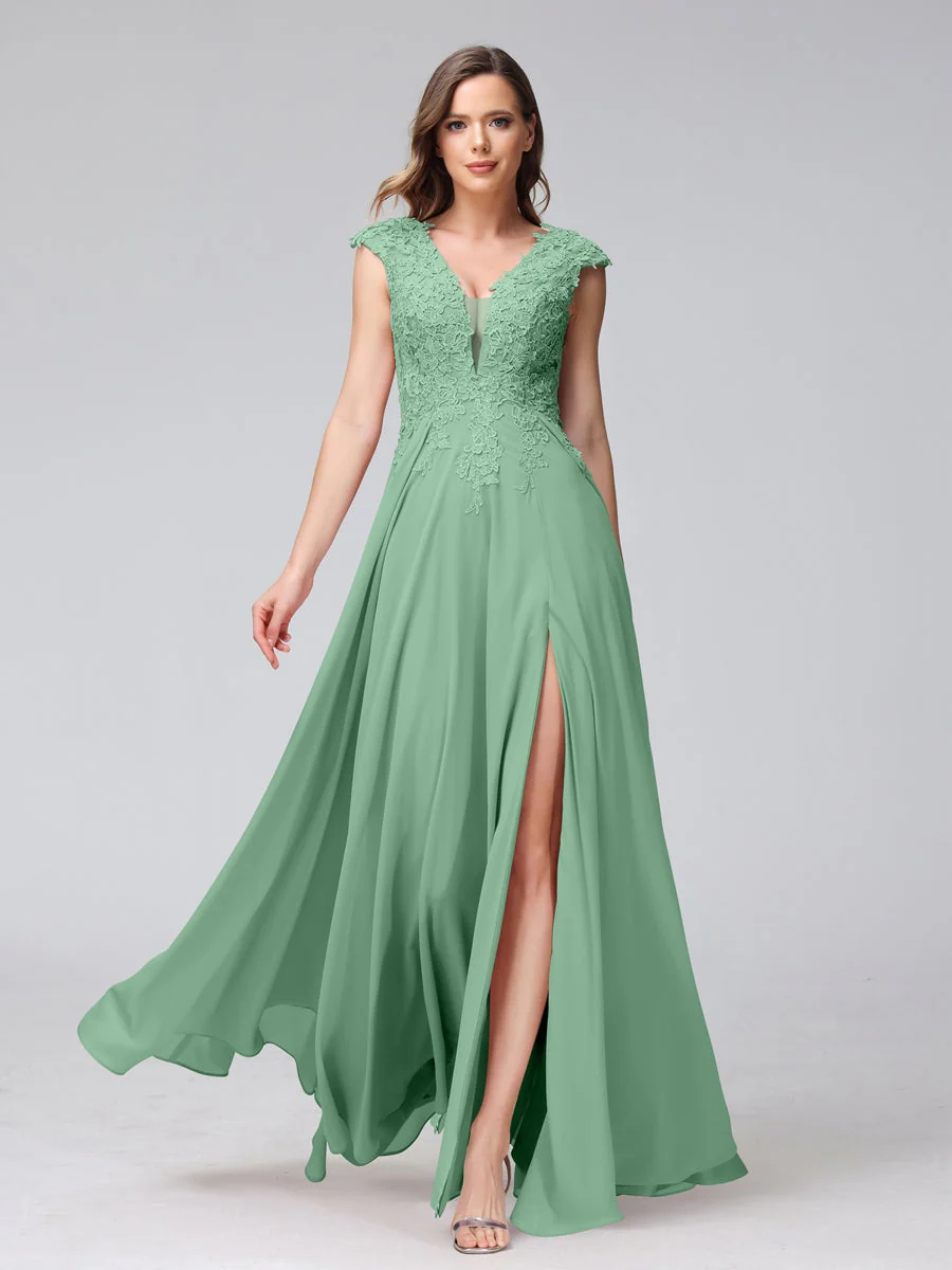 A-Line/Princess V-Neck Sleeveless Chiffon LongBridemaid Dresses With Applique Split Side - Image 17