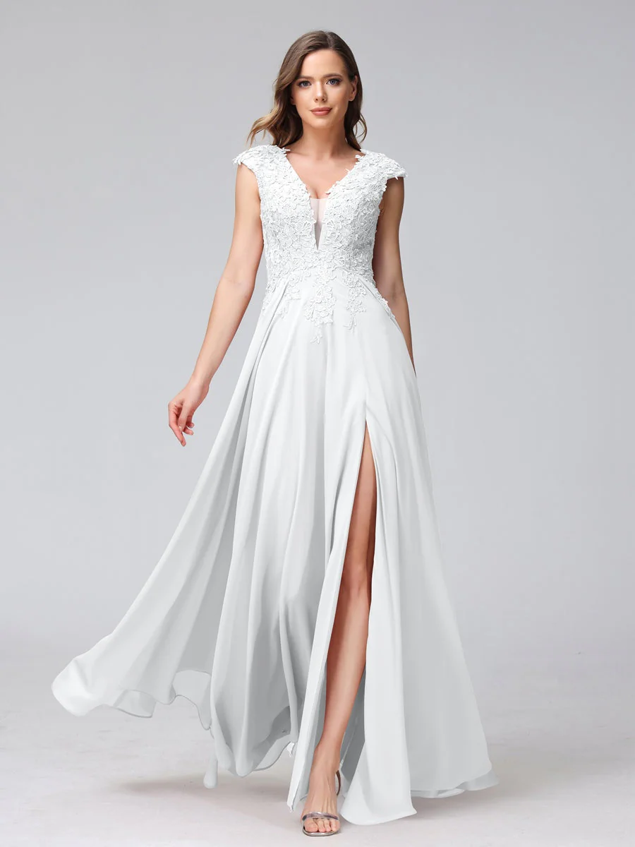 A-Line/Princess V-Neck Sleeveless Chiffon LongBridemaid Dresses With Applique Split Side - Image 19