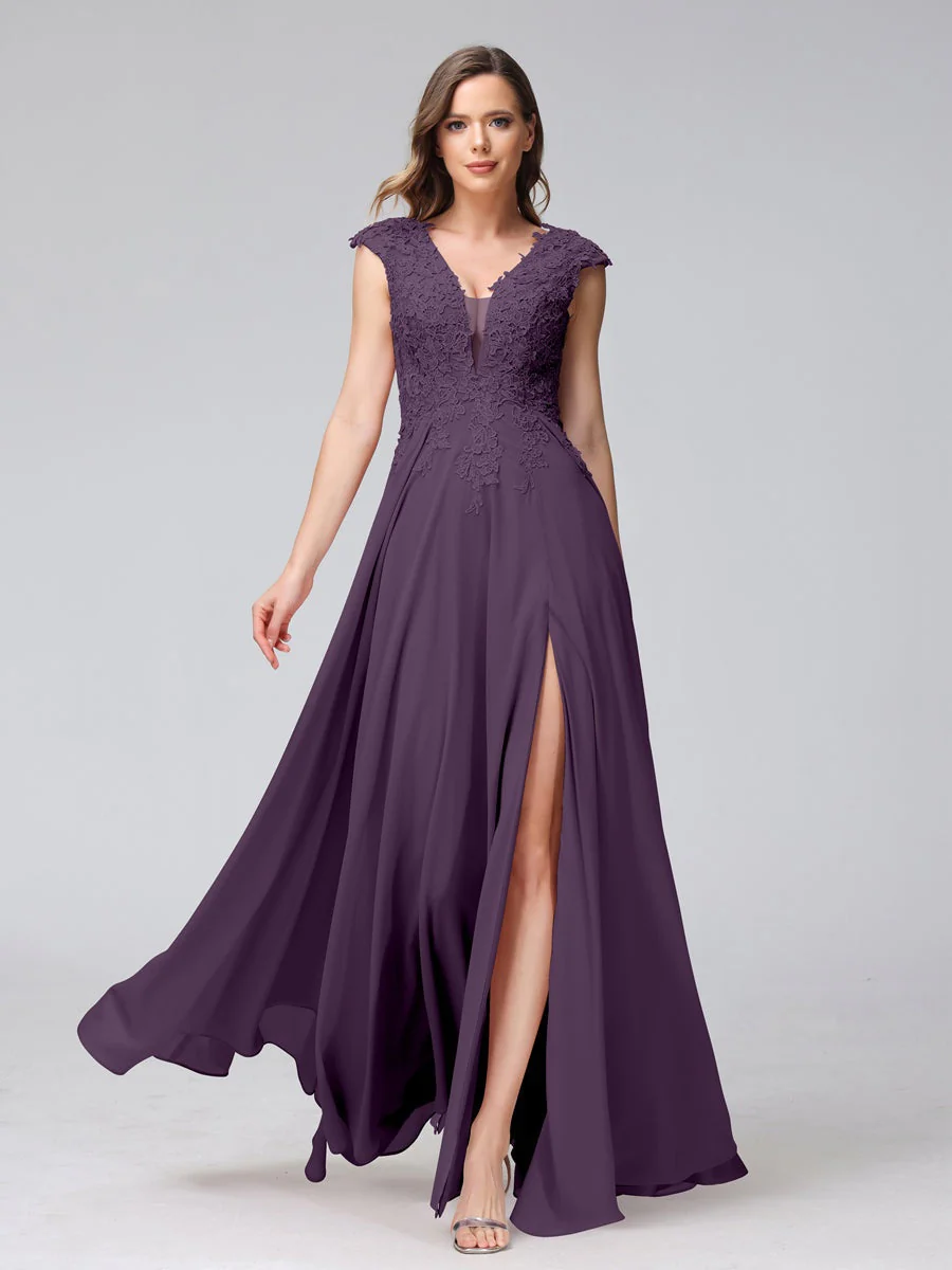 A-Line/Princess V-Neck Sleeveless Chiffon LongBridemaid Dresses With Applique Split Side - Image 46