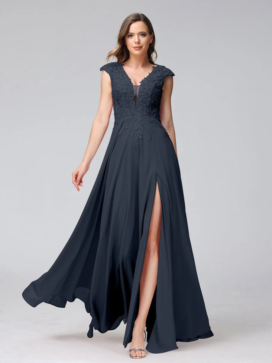 A-Line/Princess V-Neck Sleeveless Chiffon LongBridemaid Dresses With Applique Split Side - Image 59