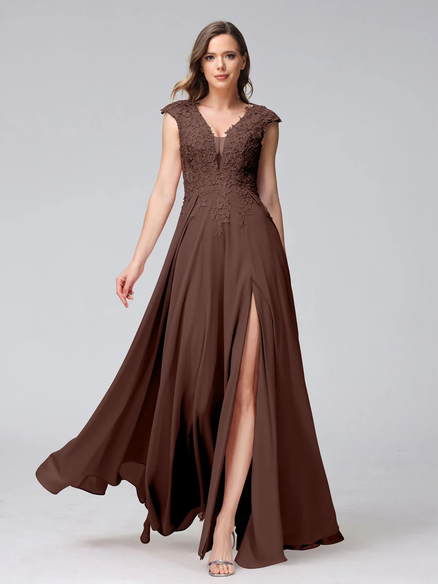 A-Line/Princess V-Neck Sleeveless Chiffon LongBridemaid Dresses With Applique Split Side - Image 76