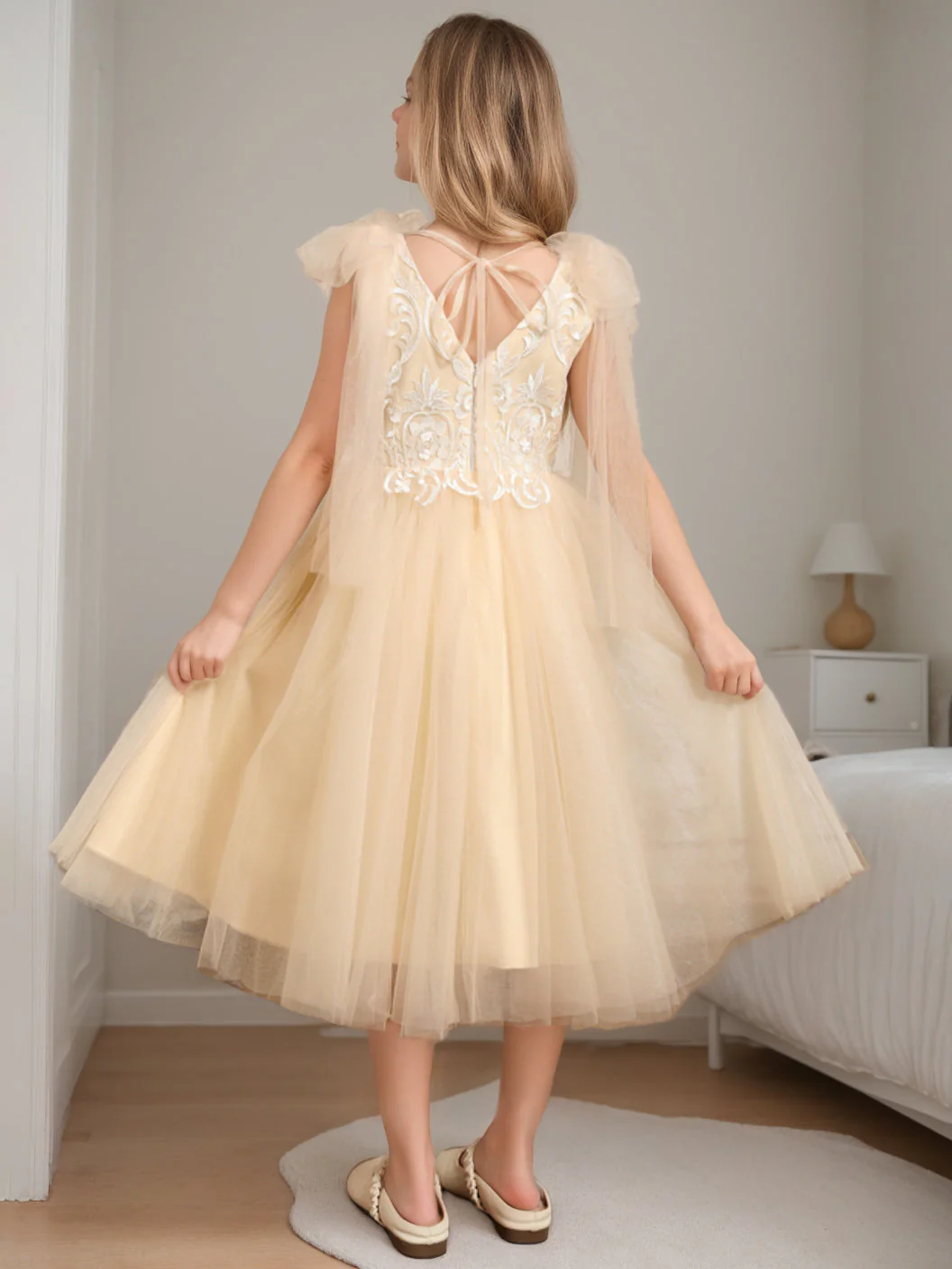 A-Line/Princess V-Neck Sleeveless Tea-Length Flower Girl Dress with Lace - Image 2