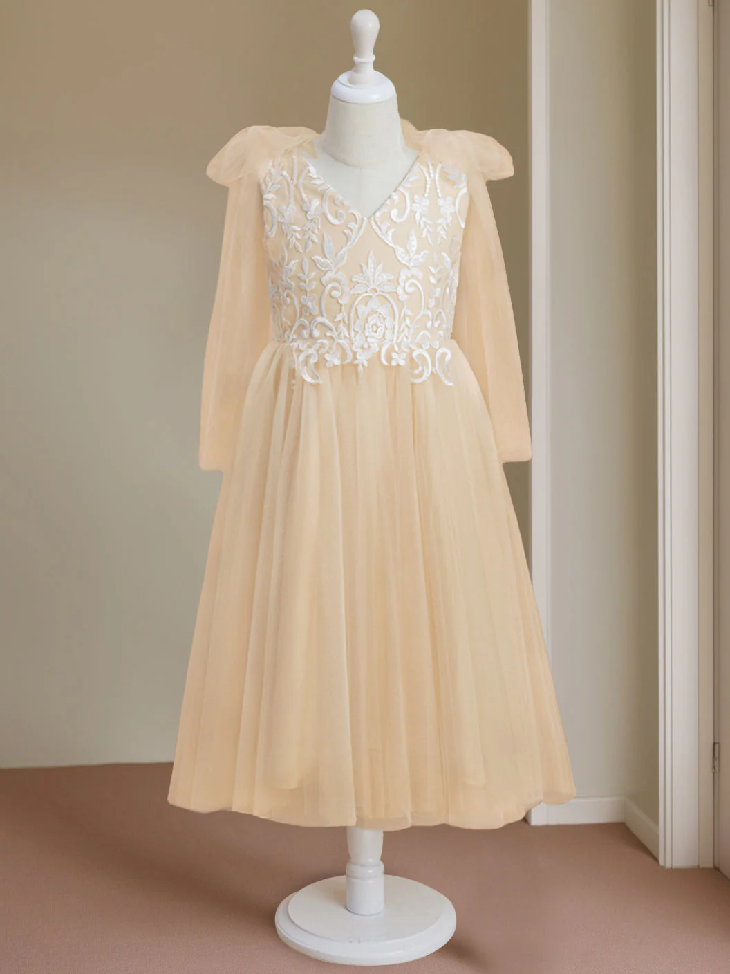 A-Line/Princess V-Neck Sleeveless Tea-Length Flower Girl Dress with Lace - Image 3