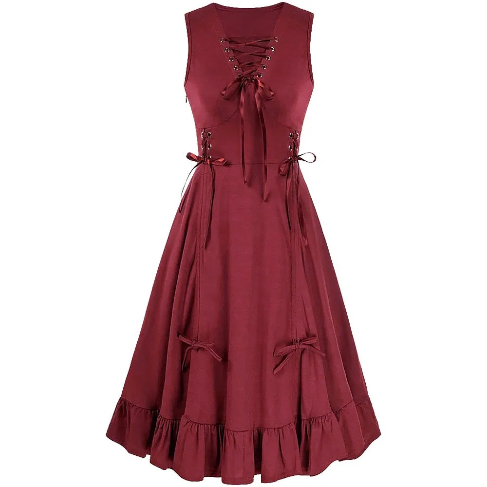 A-Line/Princess V-Neck Sleeveless Tea-Length Punk & Gothic Renaissance Steampunk Dress - Image 8