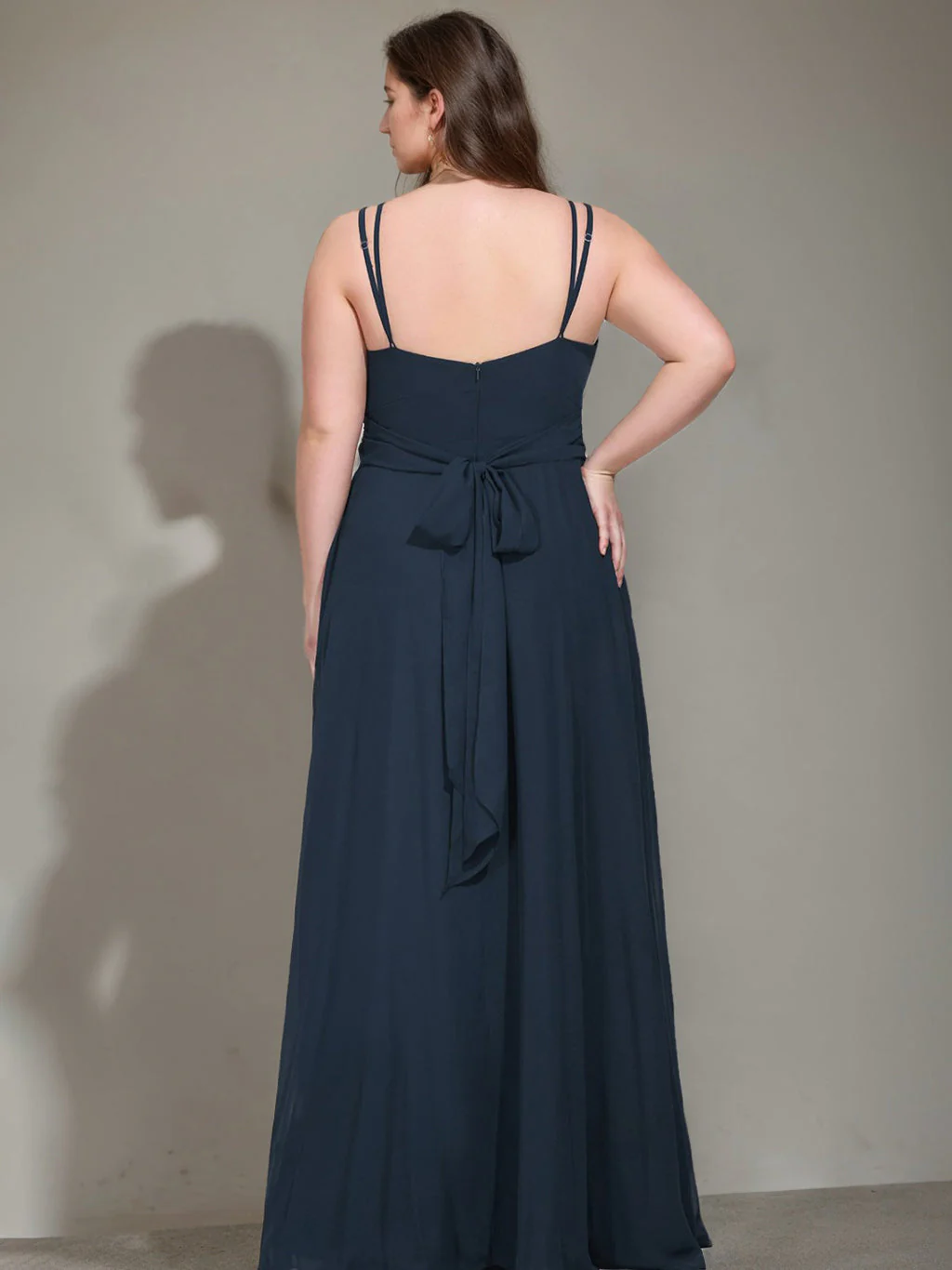 A-Line/Princess V-Neck Sleeveless Unique Chiffon Floor-Length Plus Size Bridesmaid Dresses with Ruffles - Image 2