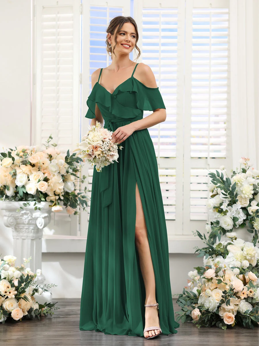 A-Line/Princess V-Neck Spaghetti Straps Floor-Length Bridesmaid Dresses with Pockets - Image 12
