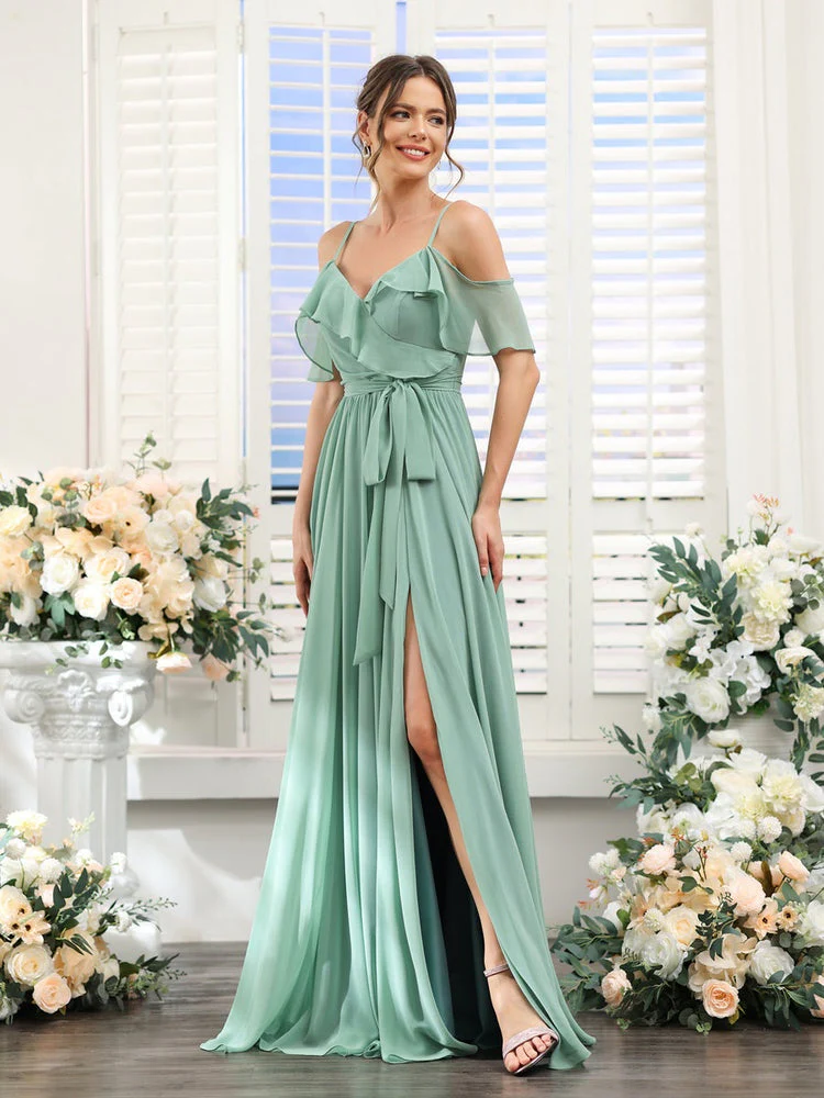 A-Line/Princess V-Neck Spaghetti Straps Floor-Length Bridesmaid Dresses with Pockets - Image 3