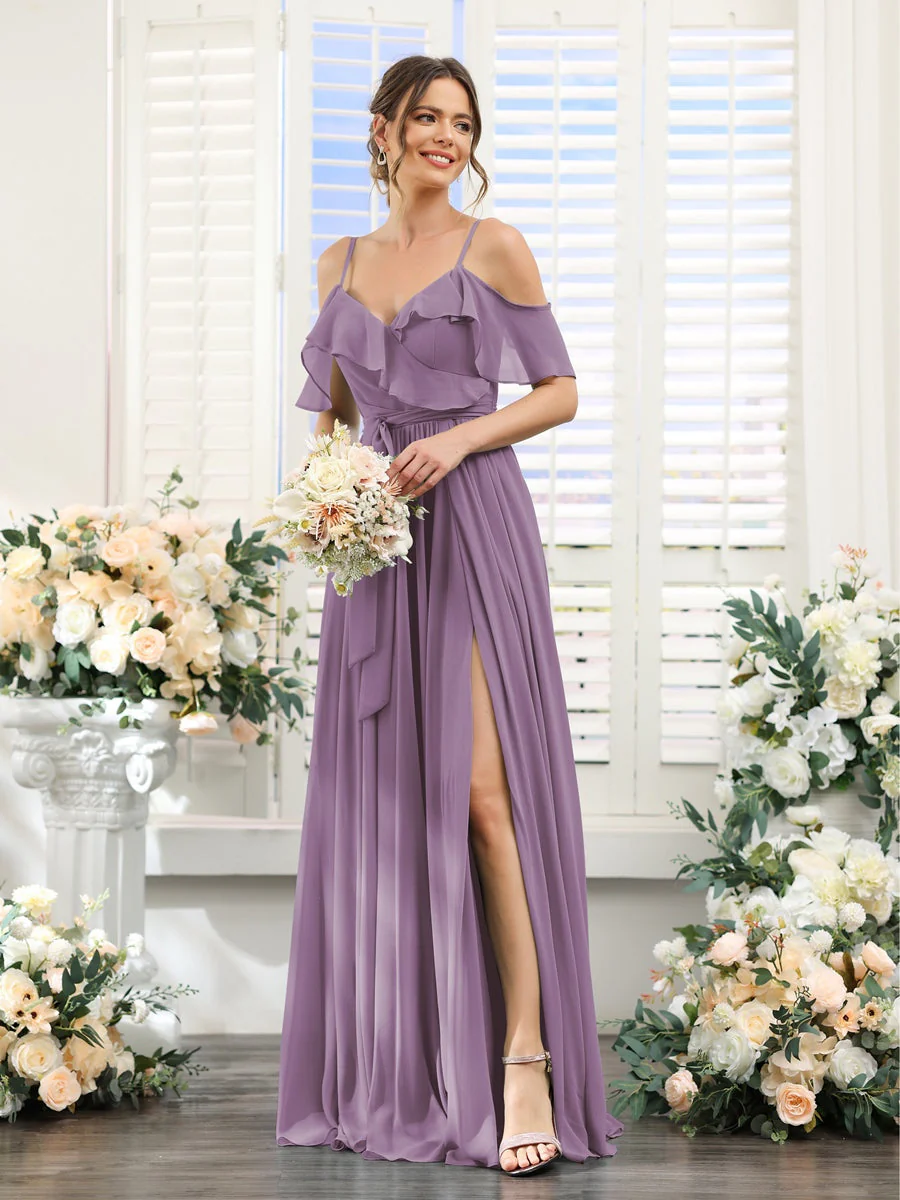 A-Line/Princess V-Neck Spaghetti Straps Floor-Length Bridesmaid Dresses with Pockets - Image 41