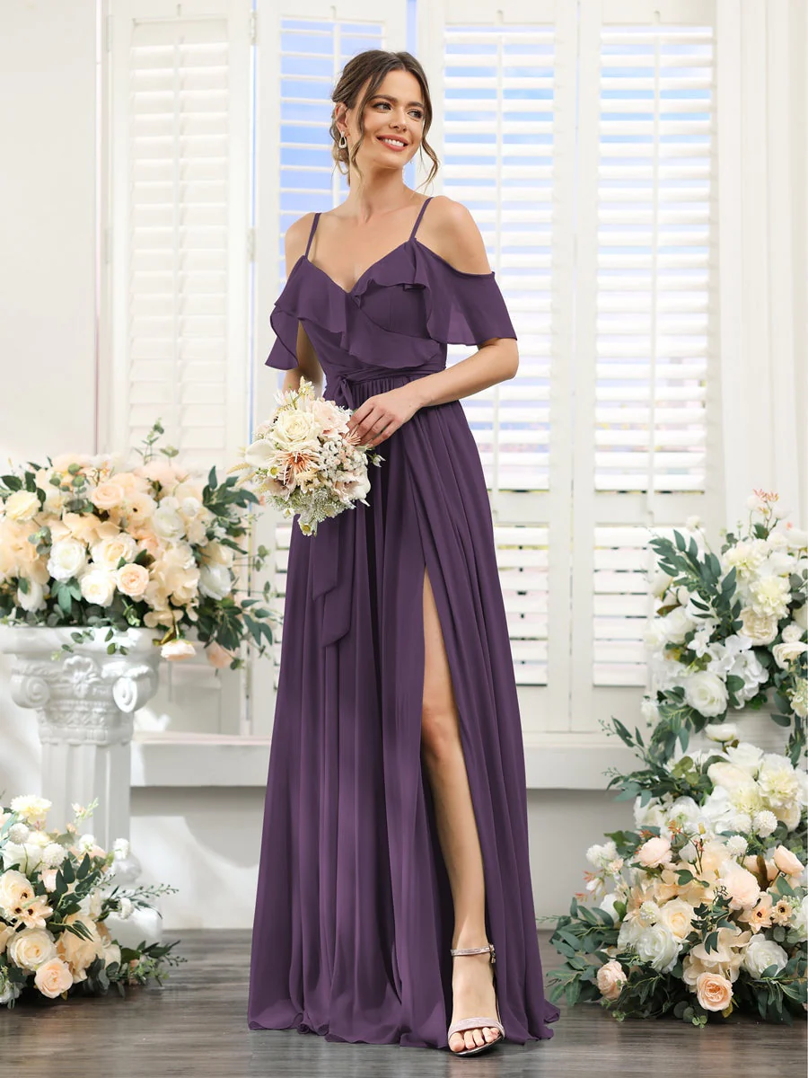 A-Line/Princess V-Neck Spaghetti Straps Floor-Length Bridesmaid Dresses with Pockets - Image 47