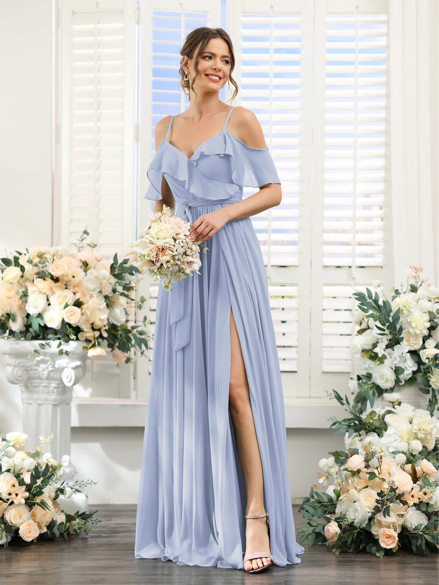 A-Line/Princess V-Neck Spaghetti Straps Floor-Length Bridesmaid Dresses with Pockets - Image 49