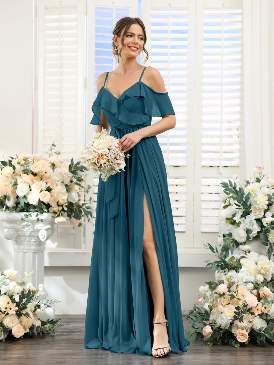 A-Line/Princess V-Neck Spaghetti Straps Floor-Length Bridesmaid Dresses with Pockets - Image 59