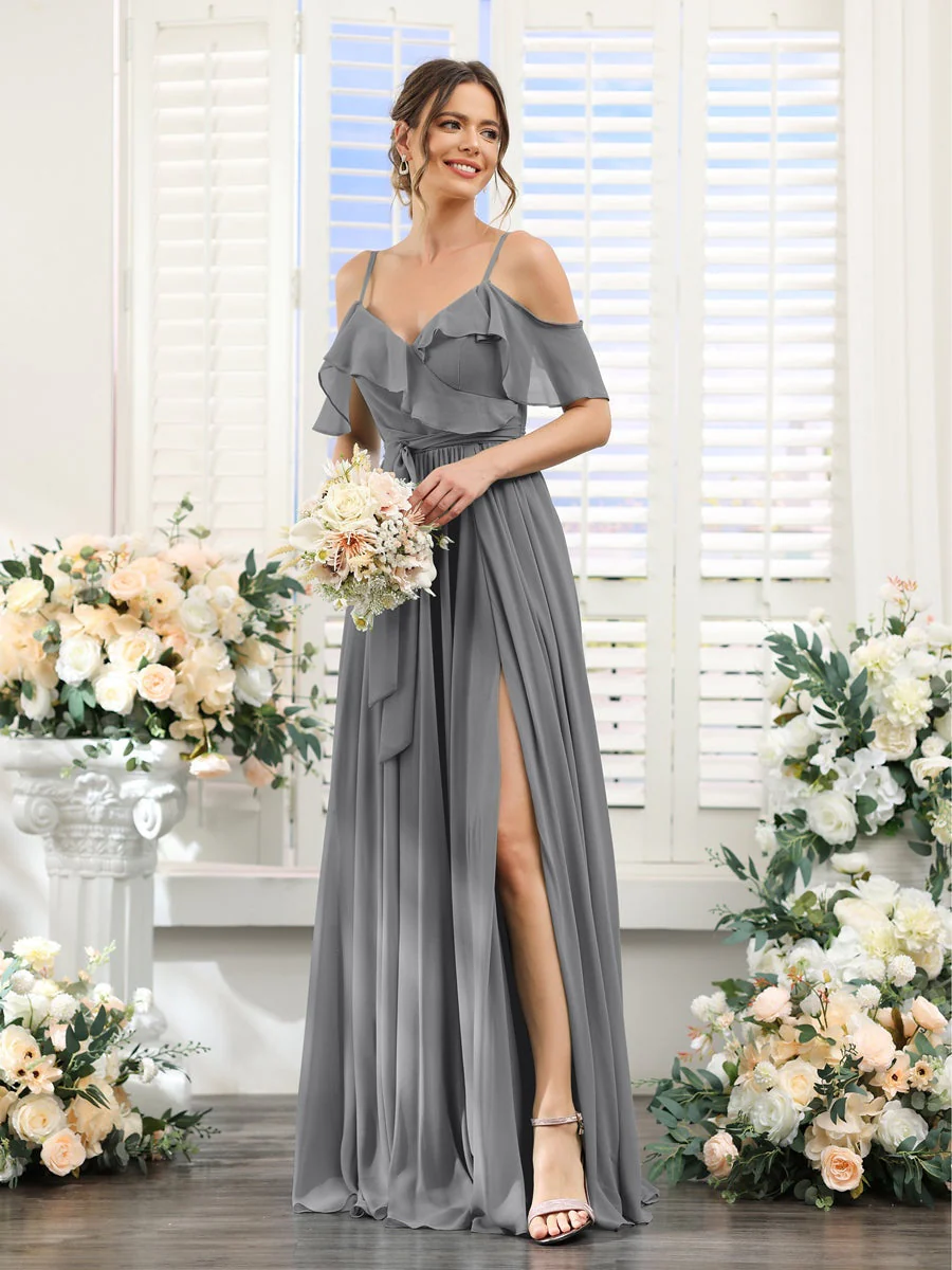 A-Line/Princess V-Neck Spaghetti Straps Floor-Length Bridesmaid Dresses with Pockets - Image 76
