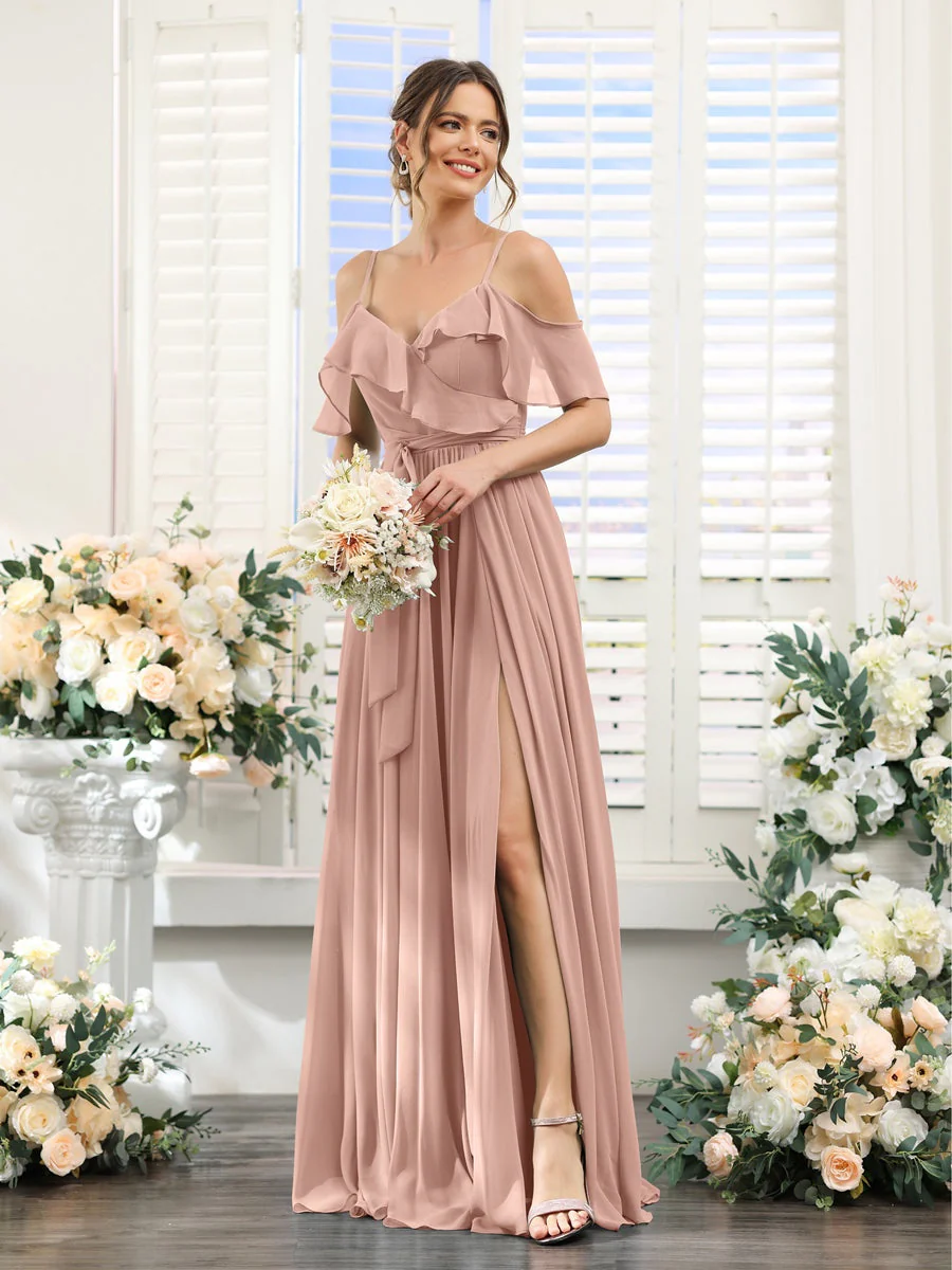 A-Line/Princess V-Neck Spaghetti Straps Floor-Length Bridesmaid Dresses with Pockets - Image 78