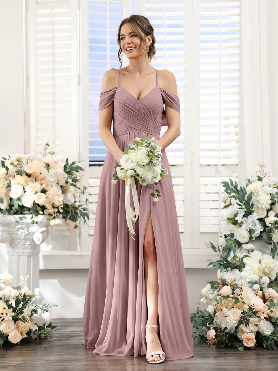 A-Line/Princess V-Neck Spaghetti Straps Floor-Length Chiffon Bridesmaid Dresses with Split Side - Image 31