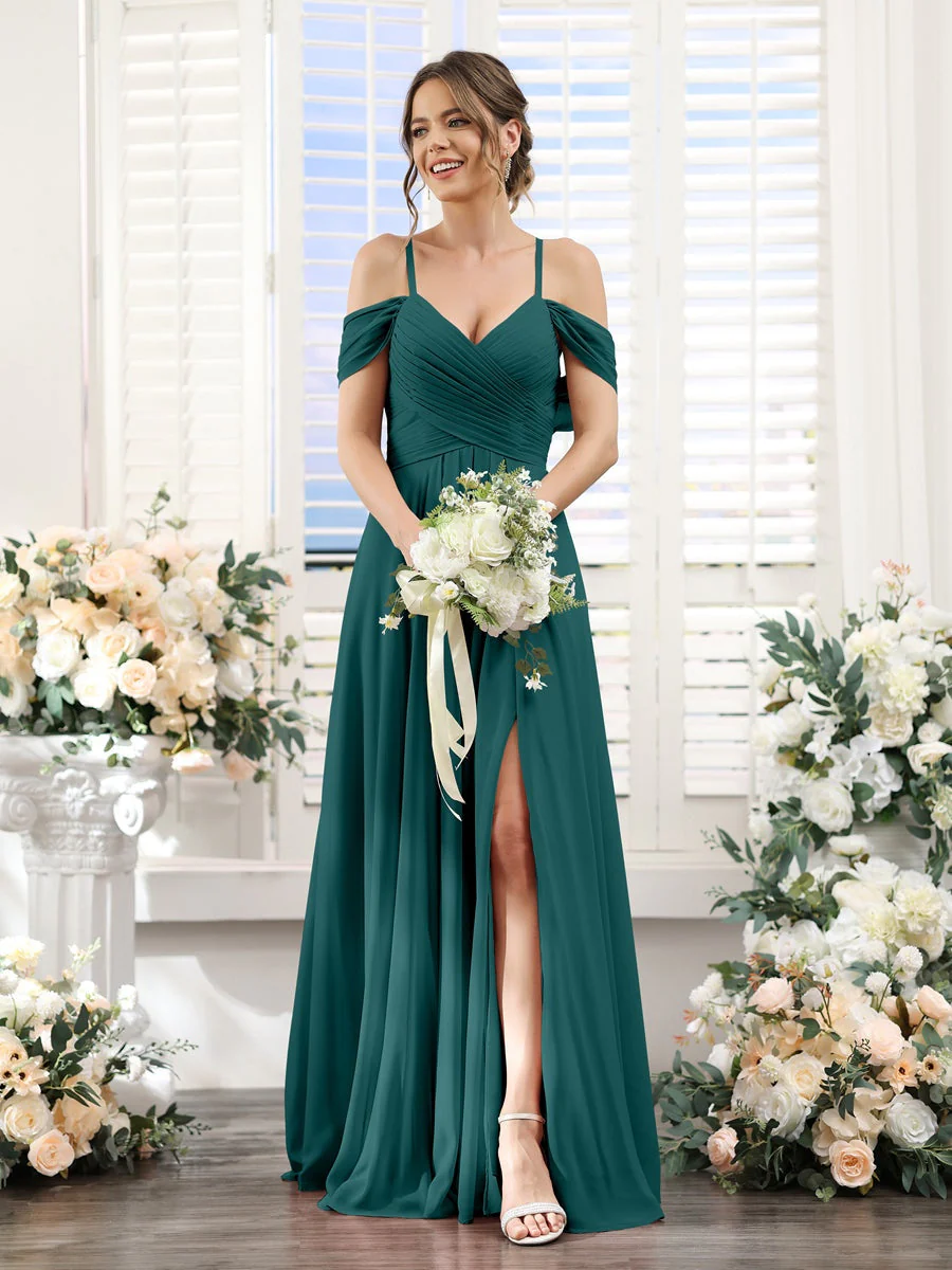A-Line/Princess V-Neck Spaghetti Straps Floor-Length Chiffon Bridesmaid Dresses with Split Side - Image 66