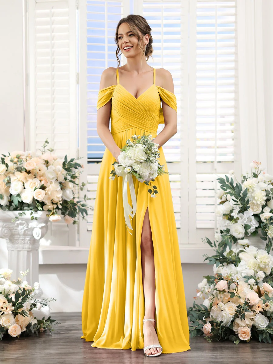 A-Line/Princess V-Neck Spaghetti Straps Floor-Length Chiffon Bridesmaid Dresses with Split Side - Image 71