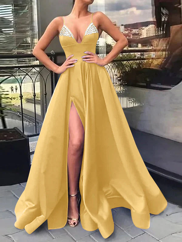 A-Line/Princess V-Neck Spaghetti Straps Long Prom Dresses With Split Side & Sequins - Image 8