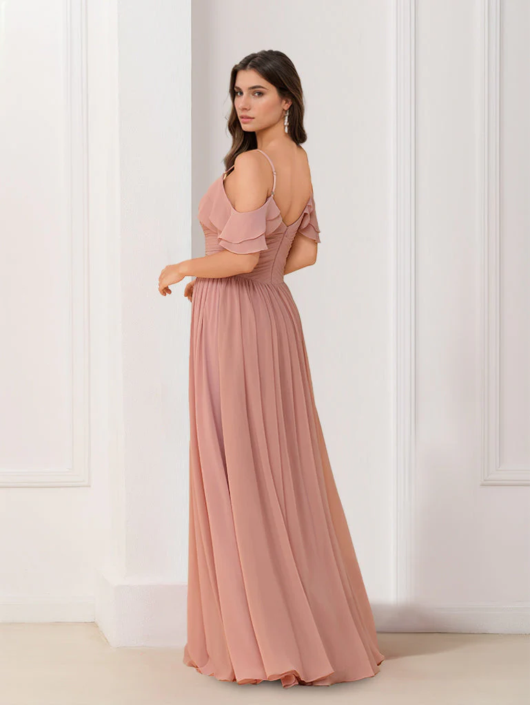 A-Line/Princess V-Neck Spaghetti Straps Sleeveless Floor-Length Chiffon Bridesmaid Dresses with Ruffles - Image 5