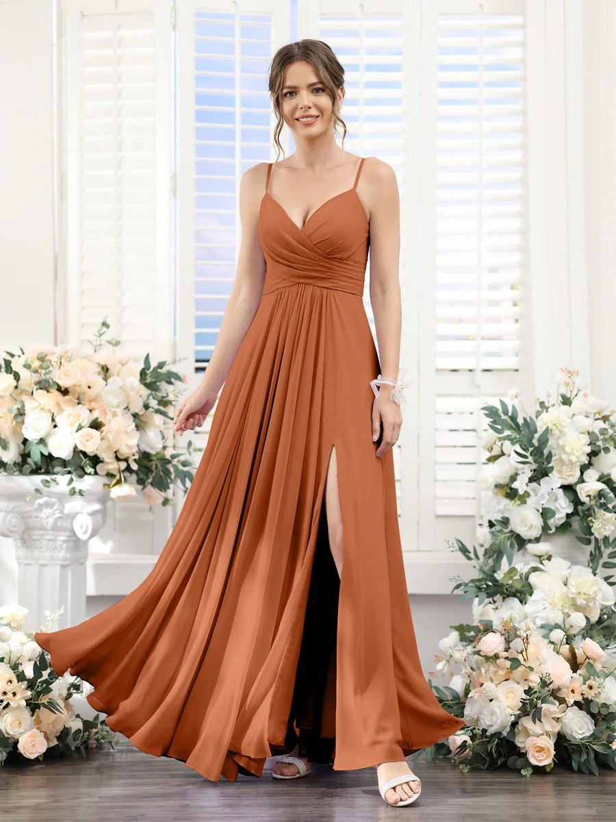A-Line/Princess V-Neck Spaghetti Straps Sleeveless Floor-Length Chiffon Bridesmaid Dresses with Split Side - Image 10