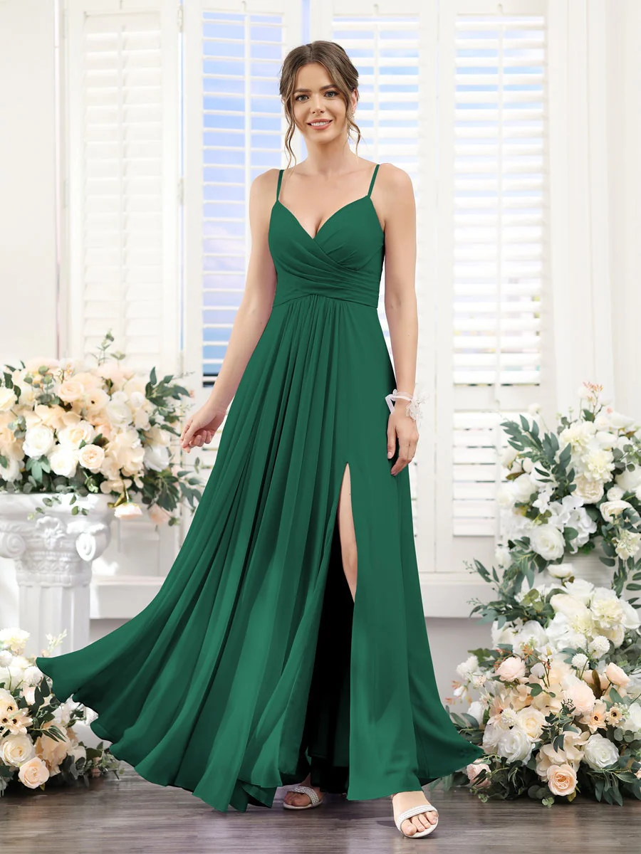 A-Line/Princess V-Neck Spaghetti Straps Sleeveless Floor-Length Chiffon Bridesmaid Dresses with Split Side - Image 12
