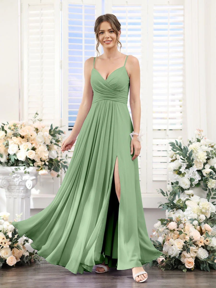 A-Line/Princess V-Neck Spaghetti Straps Sleeveless Floor-Length Chiffon Bridesmaid Dresses with Split Side - Image 16