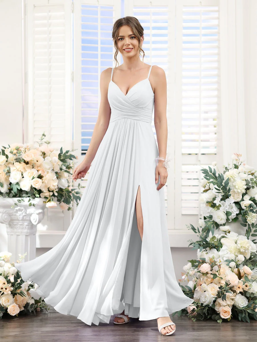A-Line/Princess V-Neck Spaghetti Straps Sleeveless Floor-Length Chiffon Bridesmaid Dresses with Split Side - Image 19