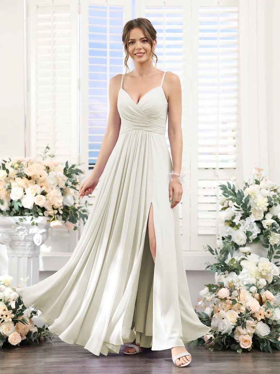 A-Line/Princess V-Neck Spaghetti Straps Sleeveless Floor-Length Chiffon Bridesmaid Dresses with Split Side - Image 21