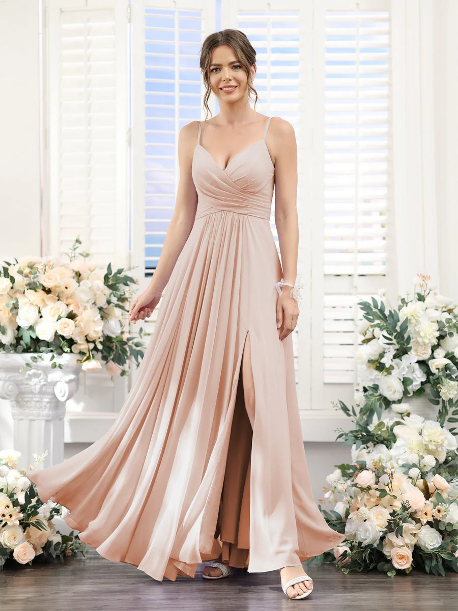 A-Line/Princess V-Neck Spaghetti Straps Sleeveless Floor-Length Chiffon Bridesmaid Dresses with Split Side - Image 28