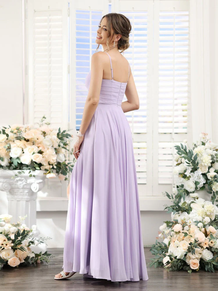 A-Line/Princess V-Neck Spaghetti Straps Sleeveless Floor-Length Chiffon Bridesmaid Dresses with Split Side - Image 3