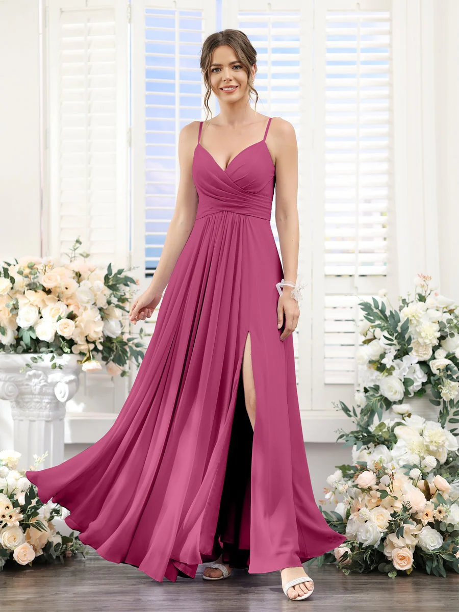 A-Line/Princess V-Neck Spaghetti Straps Sleeveless Floor-Length Chiffon Bridesmaid Dresses with Split Side - Image 35