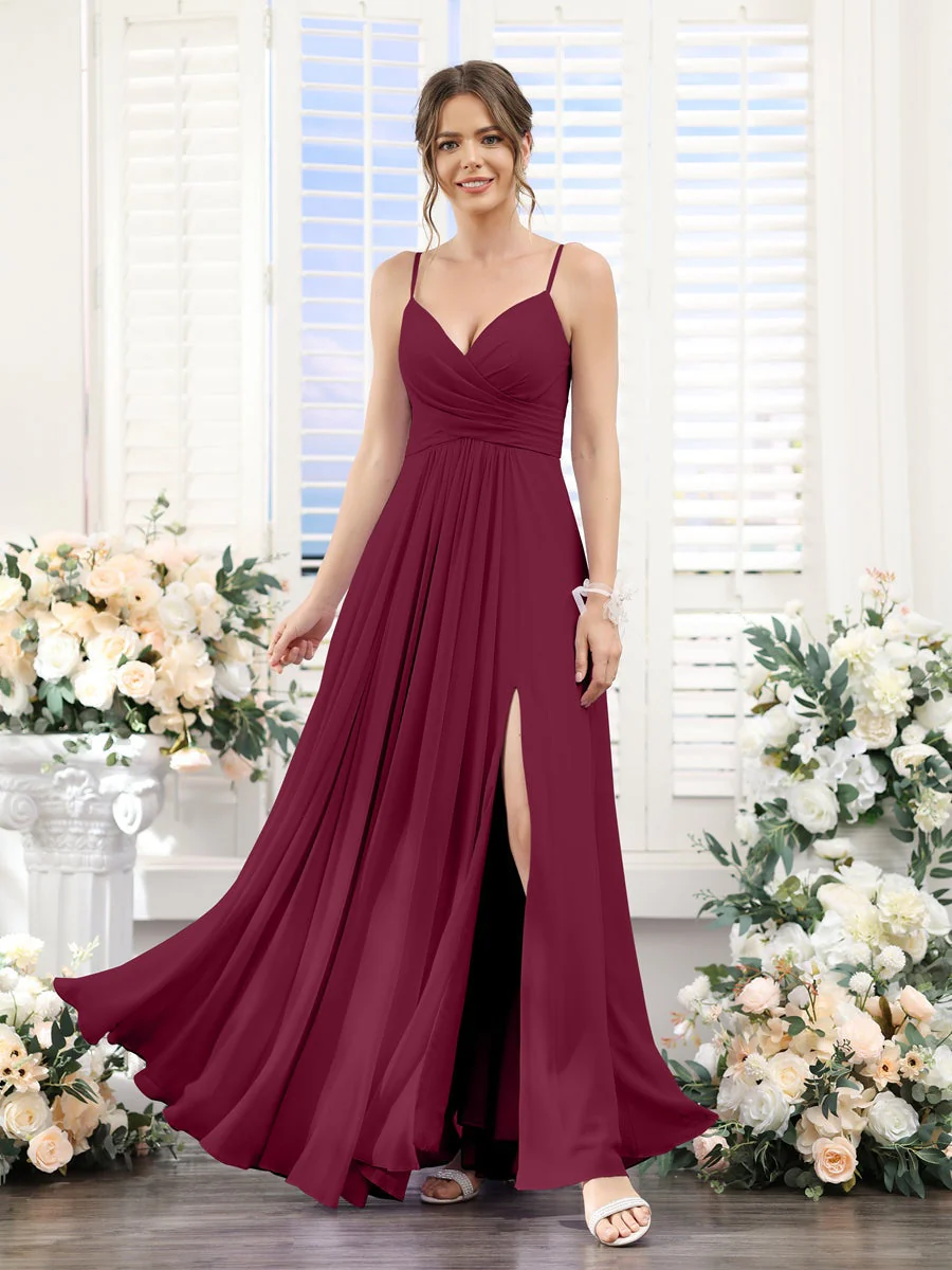 A-Line/Princess V-Neck Spaghetti Straps Sleeveless Floor-Length Chiffon Bridesmaid Dresses with Split Side - Image 38