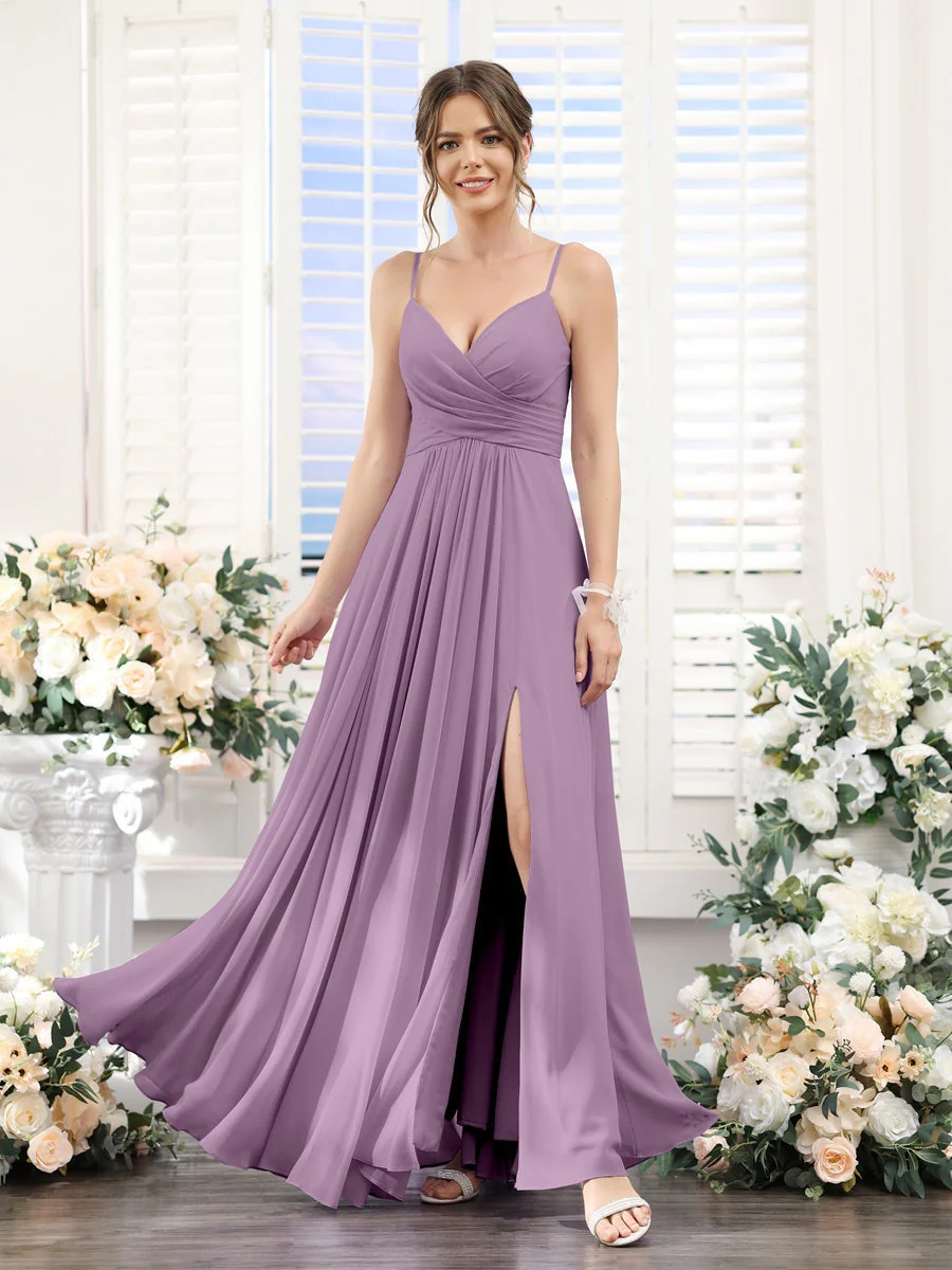 A-Line/Princess V-Neck Spaghetti Straps Sleeveless Floor-Length Chiffon Bridesmaid Dresses with Split Side - Image 40